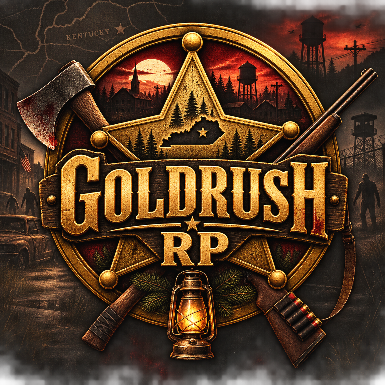 GoldRush RP emblem with a Kentucky sheriff star, lantern and survival tools